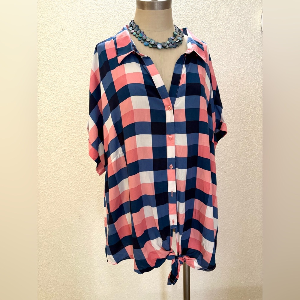 NWT 2X Harve Benard Pink and Blue Checkered Button-Down Shirt